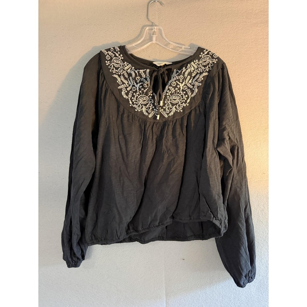 Lucky Brand Blouse Womens XL Black Embroidered Peasant Long Sleeve Top Boho